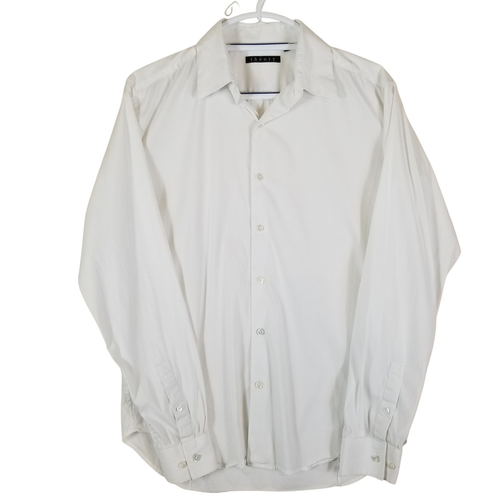 Theory Button Down Shirt Mens Large White Cotton Blend Stretch Long Sleeve
